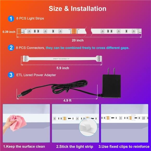 8 PCS RGB Under Cabinet Lighting Kit, App and Remote Control Strip Lights - Picture 3 of 6